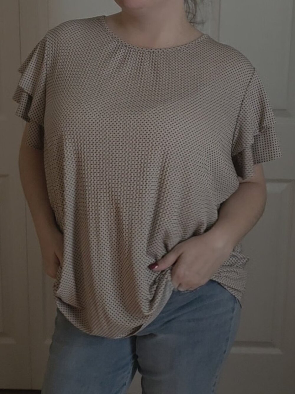 Adrianna Papell Taupe Polka Dot Pleated Top